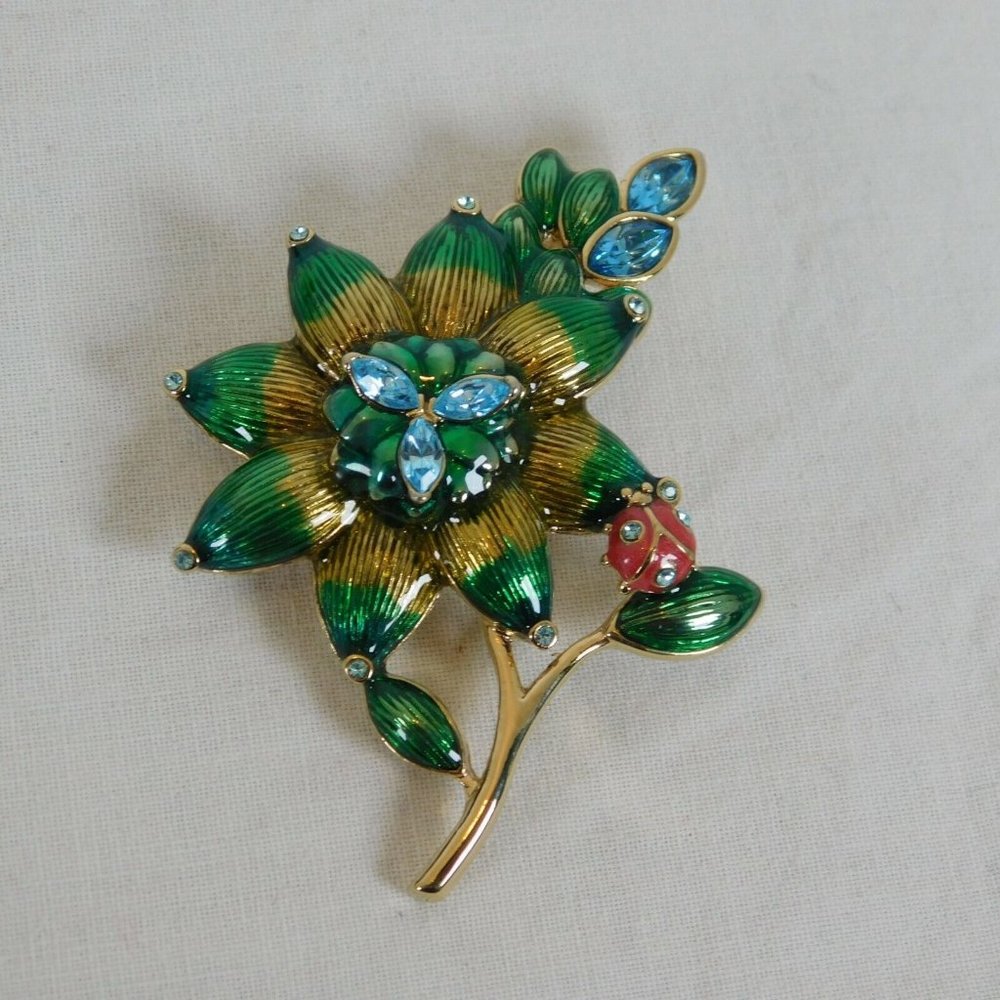 Monet Enamel & Rhinestone Flower w/Ladybug Vintage Pin Brooch Signed Gold Tone